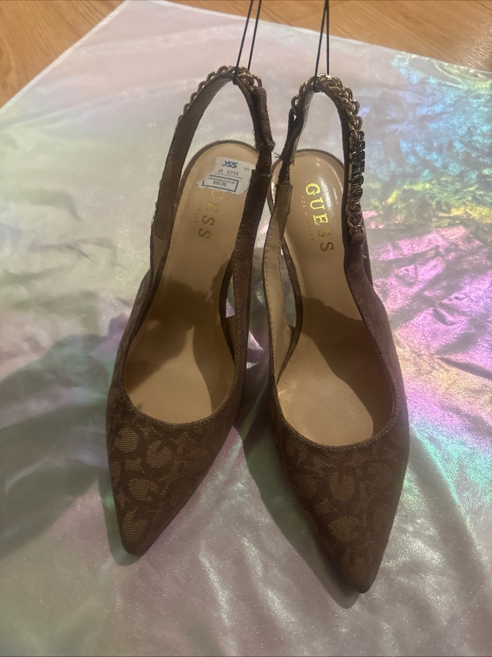 GUESS Brown Monogram Slingback Pointed Pumps with Chain Detail